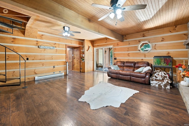 living room with ceiling fan, a baseboard radiator, wood ceiling, and dark hardwood / wood-style floors