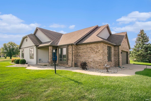 view of side of home with a garage and a lawn