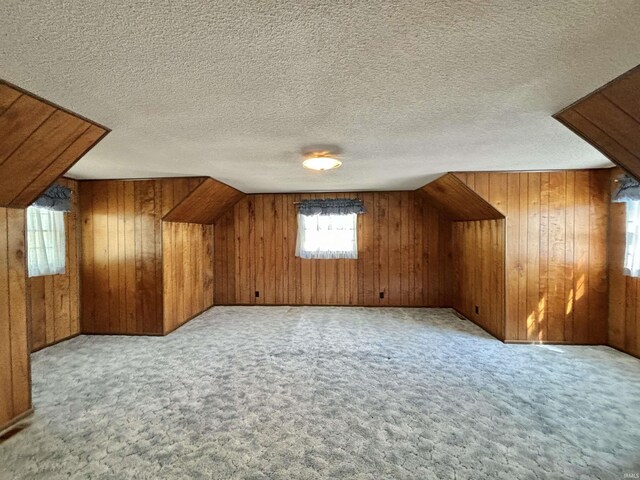 bonus room featuring light carpet, a textured ceiling, and wood walls