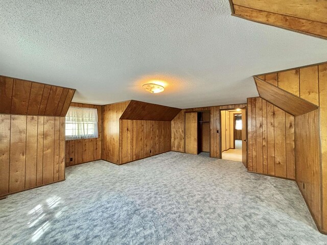 additional living space with light colored carpet, a textured ceiling, wooden walls, and lofted ceiling