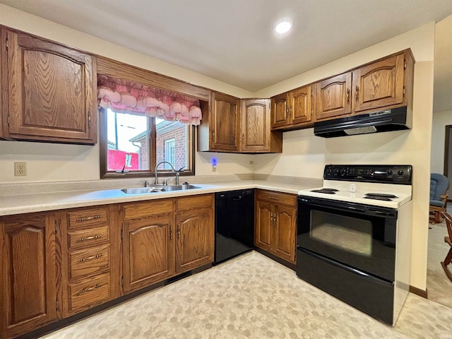 kitchen featuring black dishwasher, sink, and white range with electric cooktop