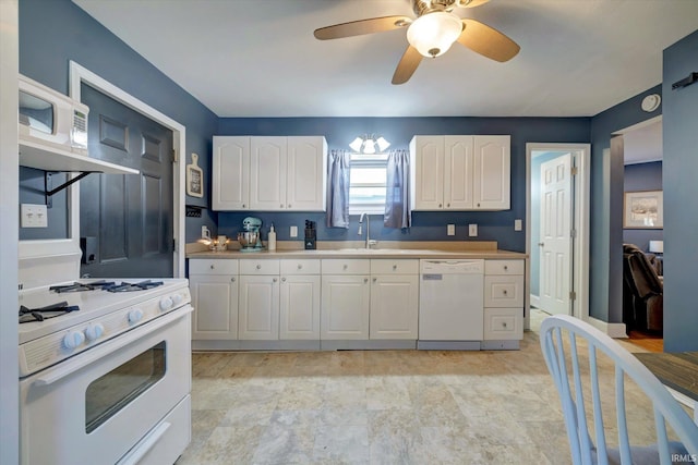 kitchen with white cabinets, white appliances, and ceiling fan