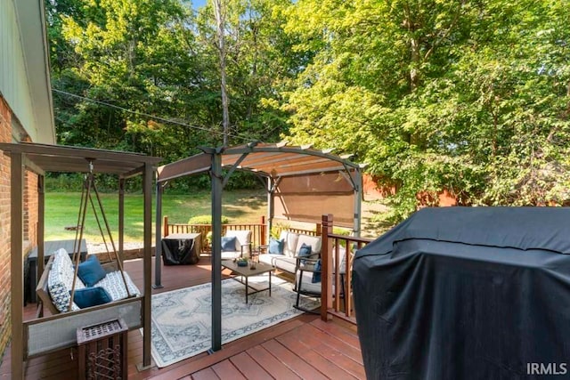 wooden terrace with an outdoor living space, a grill, a pergola, and a lawn