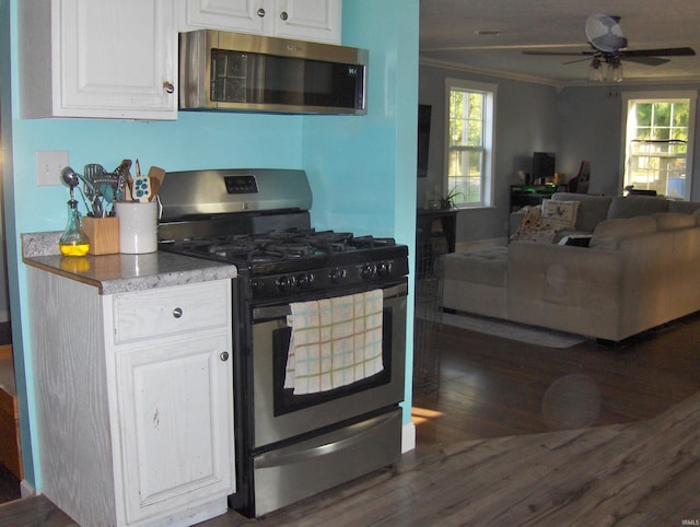 kitchen featuring dark hardwood / wood-style flooring, stainless steel appliances, ceiling fan, and white cabinets