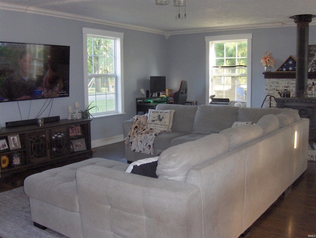 living room with ornamental molding, a wealth of natural light, and wood-type flooring