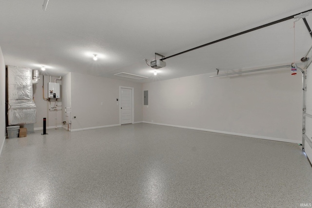 garage featuring electric panel, baseboards, tankless water heater, and a garage door opener