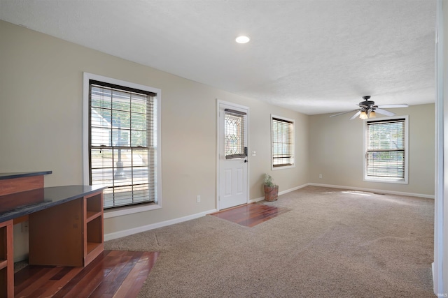 entryway featuring dark carpet, ceiling fan, a wealth of natural light, and a textured ceiling