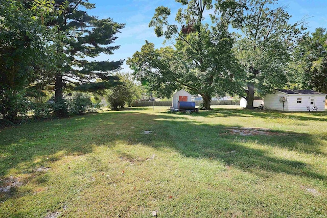 view of yard featuring a storage unit