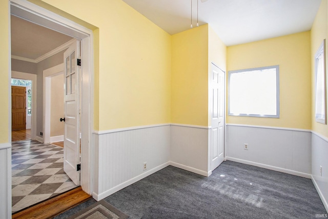 carpeted spare room featuring crown molding and a wealth of natural light