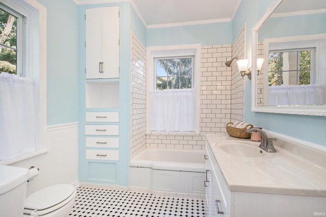 bathroom featuring a bathtub, a healthy amount of sunlight, toilet, and vanity