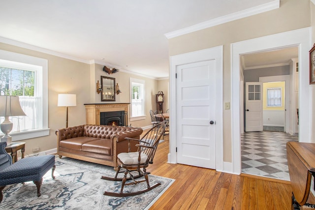 living room featuring light hardwood / wood-style flooring and ornamental molding