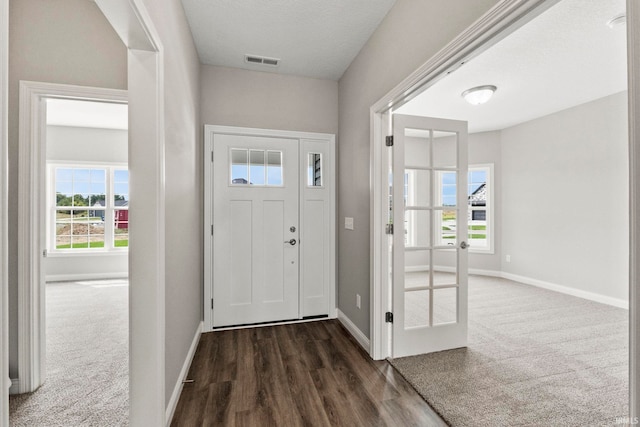 entryway featuring french doors, dark hardwood / wood-style flooring, a wealth of natural light, and a textured ceiling