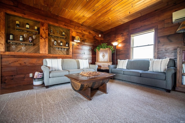 carpeted living room with wood ceiling, wooden walls, and a wall mounted air conditioner