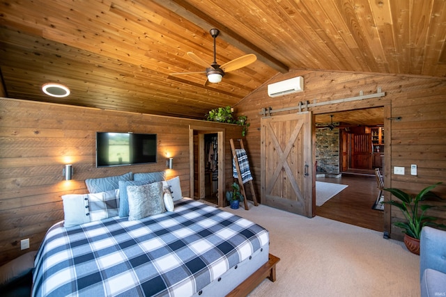 bedroom with a barn door, a wall mounted AC, wood ceiling, and lofted ceiling with beams