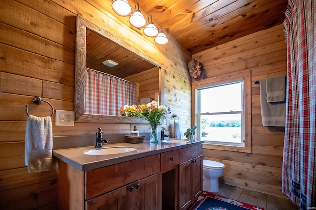 bathroom featuring wood ceiling, vanity, toilet, and wooden walls