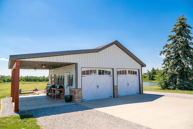 garage with a water view