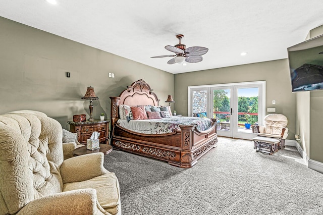 bedroom featuring french doors, access to exterior, ceiling fan, and carpet floors