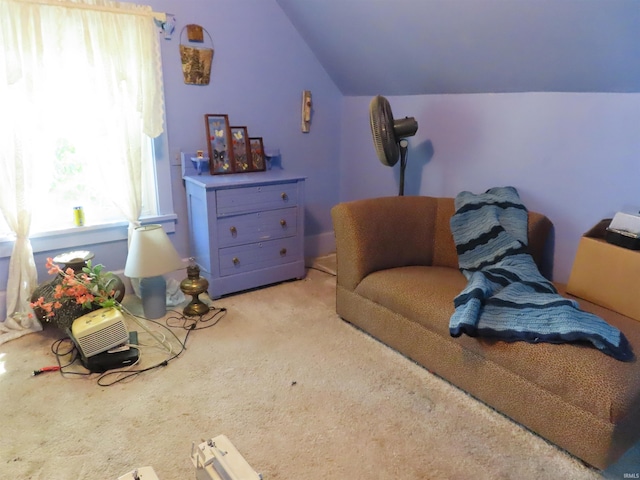 interior space with lofted ceiling and light carpet