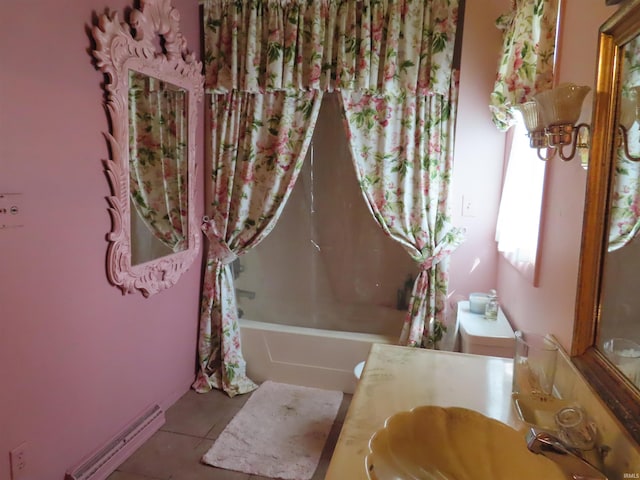 bathroom with tile patterned flooring, shower / tub combo with curtain, and vanity