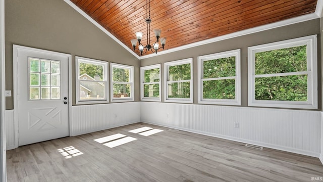 unfurnished sunroom with wooden ceiling, a notable chandelier, and vaulted ceiling