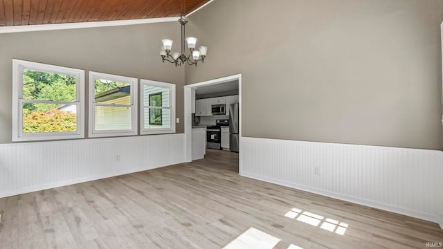 empty room featuring high vaulted ceiling, a notable chandelier, light wood-type flooring, and wooden ceiling