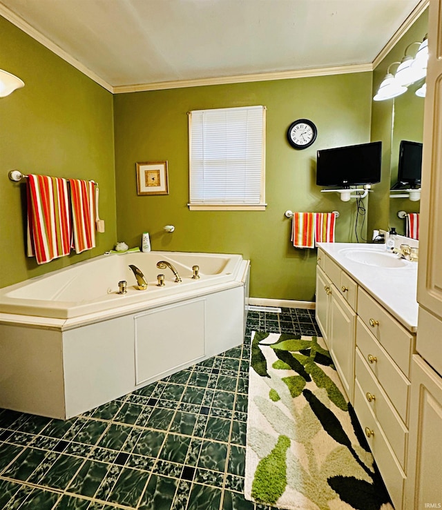 interior space featuring vanity, ornamental molding, and a bath