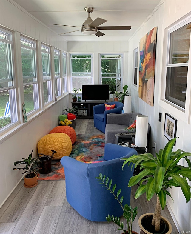 sunroom featuring plenty of natural light and ceiling fan