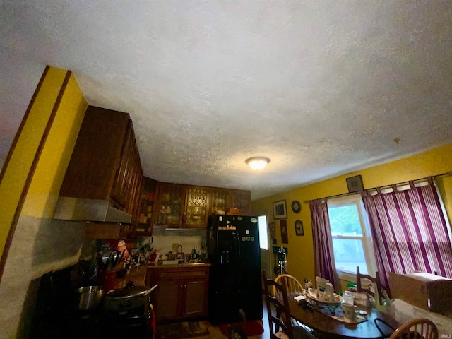 interior space featuring black refrigerator, sink, and a textured ceiling