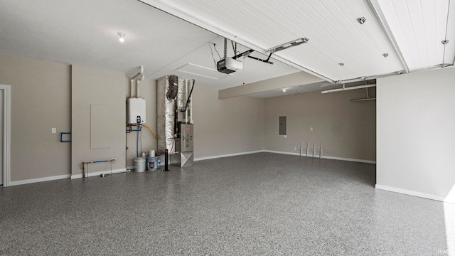 garage featuring water heater, a garage door opener, and electric panel