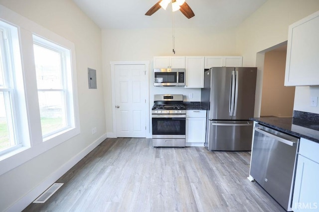 kitchen featuring appliances with stainless steel finishes, a wealth of natural light, and white cabinetry