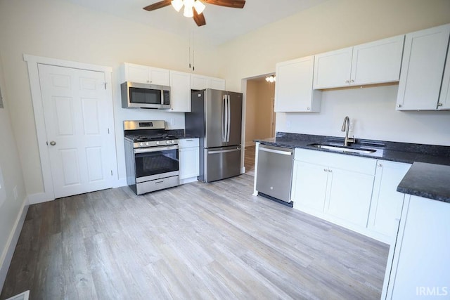 kitchen with stainless steel appliances, sink, ceiling fan, light wood-type flooring, and white cabinets