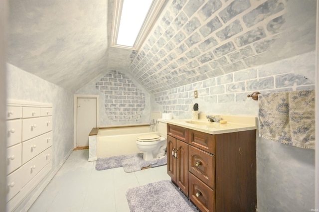 bathroom featuring vanity, lofted ceiling, toilet, tile walls, and tile patterned flooring