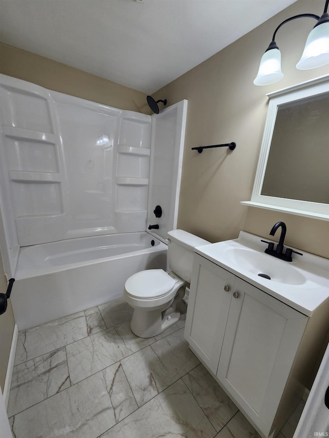 full bathroom featuring toilet, vanity, and shower / washtub combination