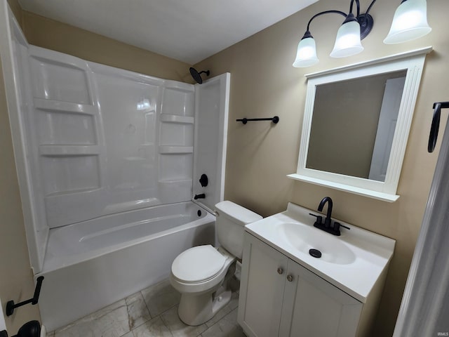 full bathroom with toilet, vanity, and shower / washtub combination