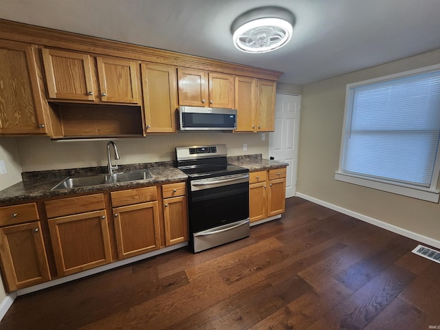 kitchen with appliances with stainless steel finishes, dark hardwood / wood-style flooring, and sink