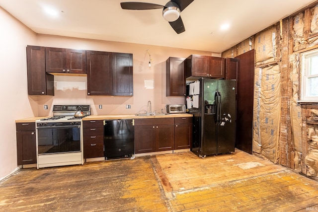 kitchen featuring black appliances, ceiling fan, dark brown cabinets, and sink