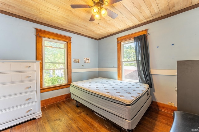 bedroom featuring ceiling fan, ornamental molding, wooden ceiling, and dark hardwood / wood-style flooring