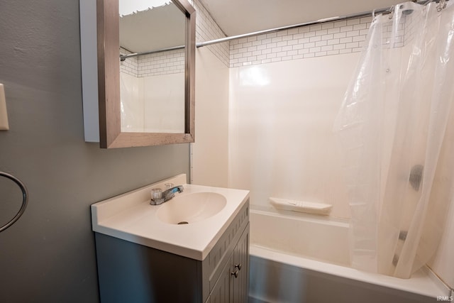 bathroom with shower / bath combination with curtain and vanity