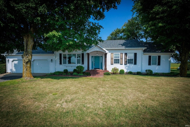 ranch-style home with a garage and a front lawn