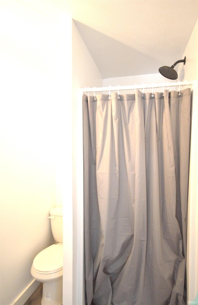 bathroom with vaulted ceiling, toilet, a shower with shower curtain, and a textured ceiling