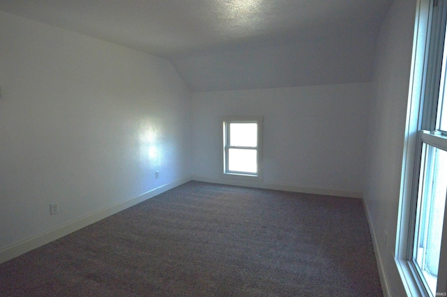 interior space with dark carpet and vaulted ceiling