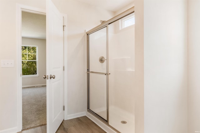 bathroom featuring hardwood / wood-style flooring and walk in shower