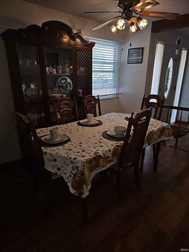 dining area featuring hardwood / wood-style floors and ceiling fan