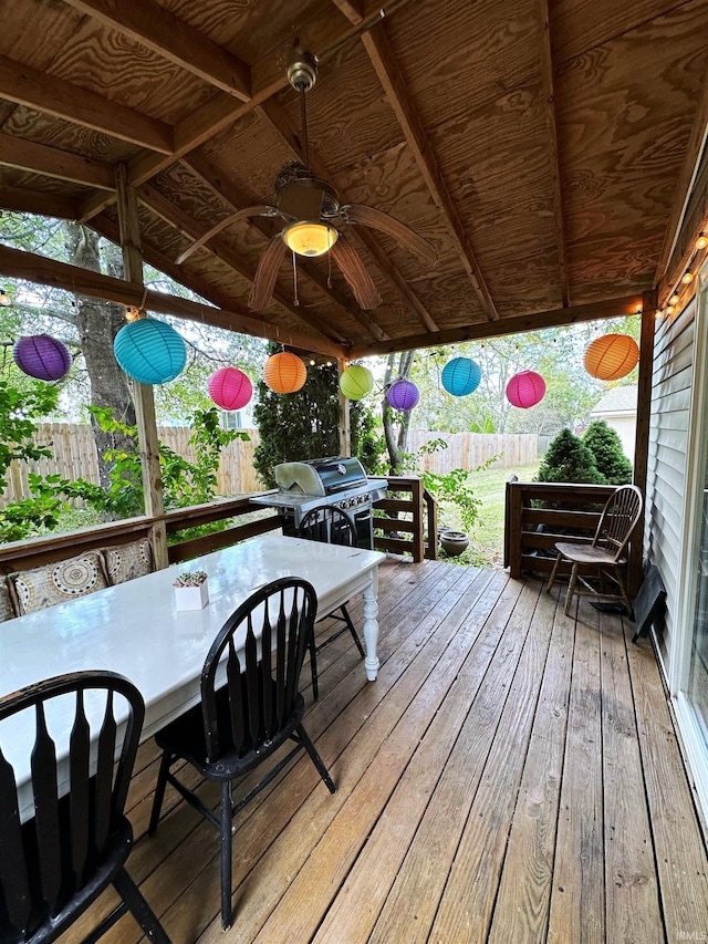 deck with ceiling fan and a grill