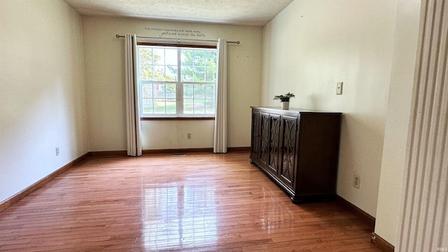 unfurnished bedroom with light wood-type flooring and a textured ceiling