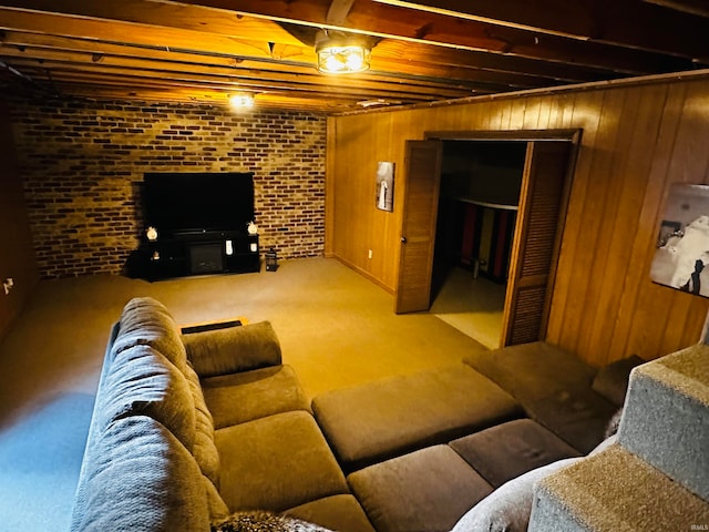 living room featuring brick wall, carpet, and wooden walls