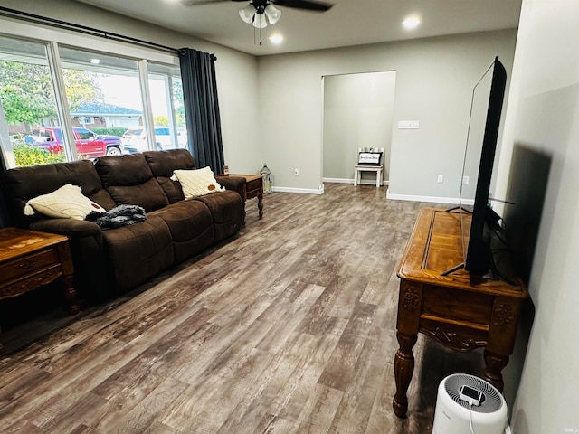 living room featuring ceiling fan and hardwood / wood-style floors