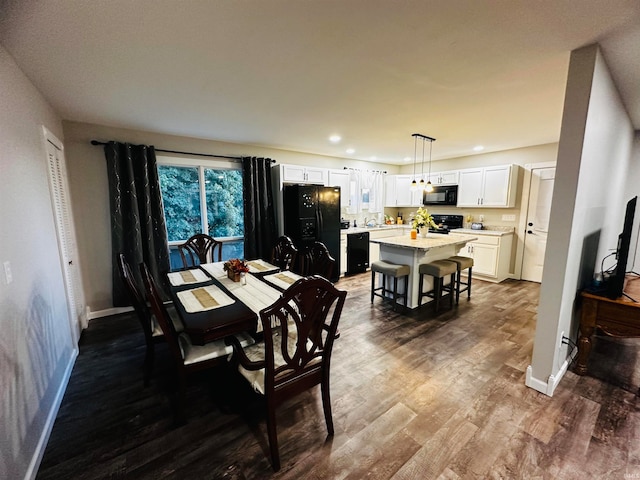 dining area with dark hardwood / wood-style floors and sink