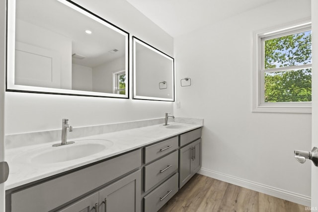 bathroom featuring vanity and hardwood / wood-style floors