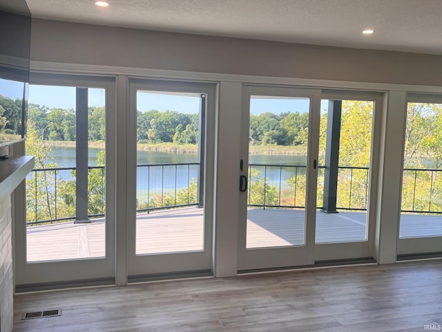 doorway to outside featuring a healthy amount of sunlight and a water view